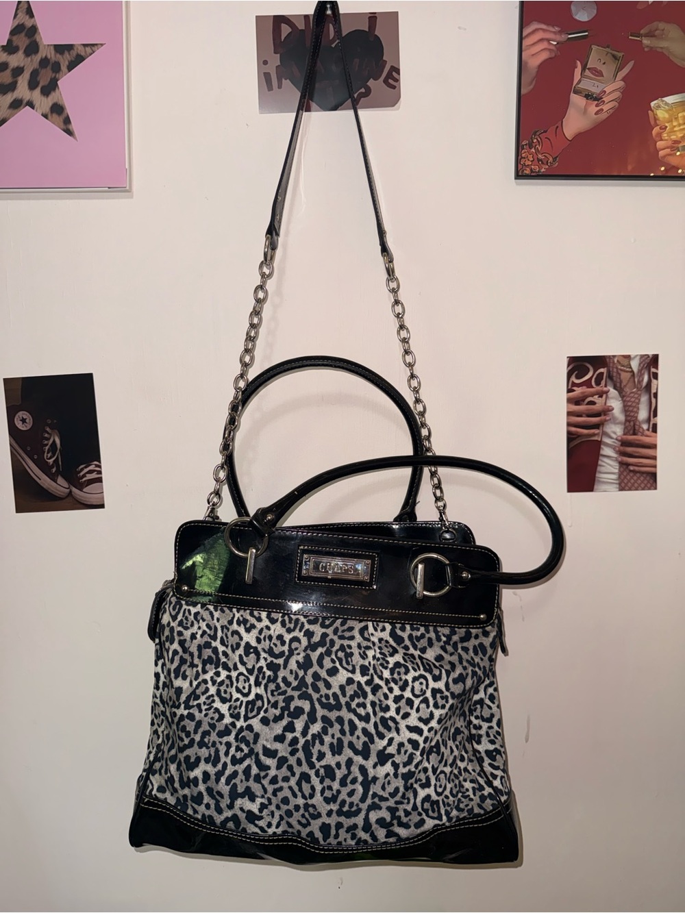 Vintage Chaps Snow Leopard & Patent Leather Shoulder Bag